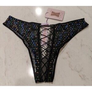 NWT~Savage X Fenty Disco Lace-Up Brazilian Mid-Rise Iridescent Lace Panty SM